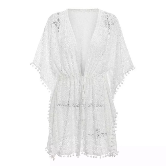 SOLD OUT CLEARANCE White Boho Pompom Crochet Coverup Kimono Wrap - Picture 4 of 7